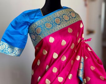 Dark Pink Banarasi Satin Mashru Silk Saree with Blue Zari Pallu | Indian Saree | Stitched Blouse