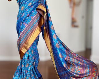 Blue Ikat printed Soft Silk Saree with Stitched Blouse