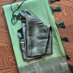 Apple green Color Banaras brocade soft silk saree with stitched blouse in dark green