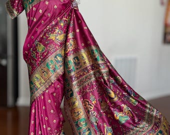 Plum Color Silk Saree: Dancer Theme, Stitched Blouse (Size 42/44)