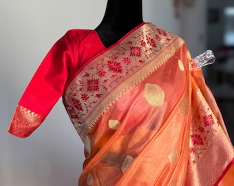 Peach Banarasi Semi Kora Tissue Silk Saree with Stitched Blouse