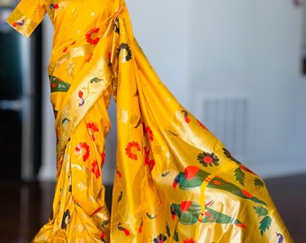 Yellow Paithani Semi Silk Saree | Parrot Motif | With Stitched Blouse | Festival & Wedding Wear