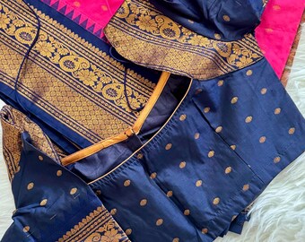 Dark Pink with blue Semi gadwal silk Saree with stitched blouse