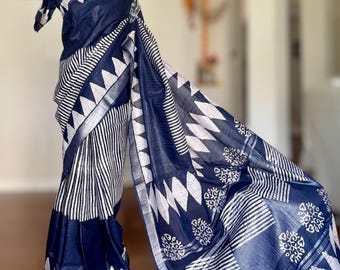 Blue Grey Handloom pure Linen cotton saree with hand batik and stitched blouse