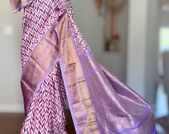Lavender Color Handwoven Kanjivaram Ikkat pure Silk Saree with Unstitched Blouse