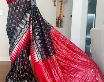 Black and red combination Sambalpuri handwoven ikat pure silk saree | Odisha weaves