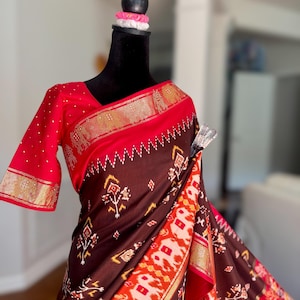 Soft Silk Patan Patola Inspired Designer Saree - with stitched blouse & Tassels | Wedding and Festive Wear