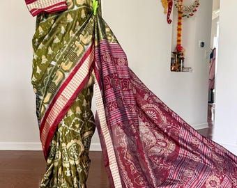 Olive green and maroon combination Sambalpuri handwoven ikat silk saree | Odisha weaves