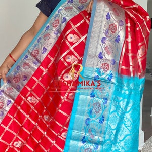 Red and Icy blue Combination Venketgiri handloom Pattu Saree with paithani border