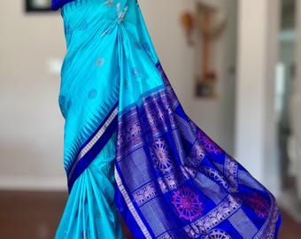 Handwoven Bomkai Pure Silk Saree – Turquoise Blue with Royal Blue Pallu