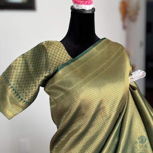 Green Brocade Saree: Semi Pattu Silk with Stitched Blouse