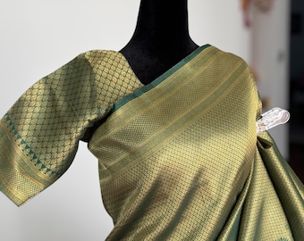 Green Brocade Saree: Semi Pattu Silk with Stitched Blouse