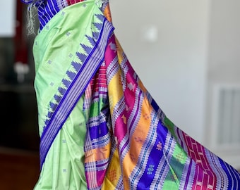 Light Green Berhampuri double pallu handwoven pure silk saree from Odisha weaves