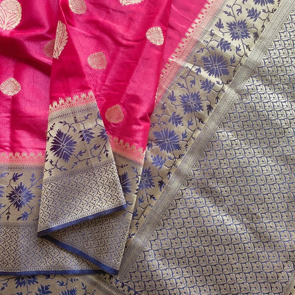 Pink with blue Combination Banarasi semi tissue organza silk saree with stitched blouse