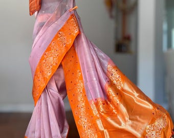Luxurious Handloom Banarasi Pure Kora tissue  silk kadhuwa meenakari - Lavender orange combo