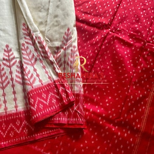 Cream Red ikkat Pure Silk Saree|Pochampally Ikkat|