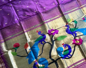 Handwoven Silk Paithani Saree: Purple, Peacock Floral Pallu