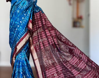 Blue with Maroon Handwoven Sambalpuri Ikat Silk Saree -  Odisha Weaves