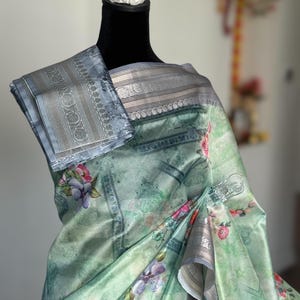 Light Green Floral Banarasi Organza Saree: Silver Zari Border, Indian Wedding Wear