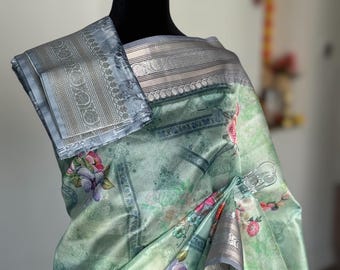 Light Green Floral Banarasi Organza Saree: Silver Zari Border, Indian Wedding Wear