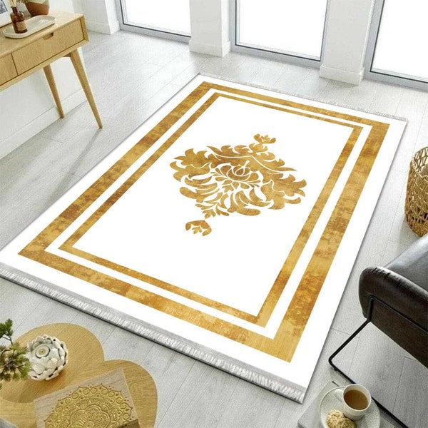 Gold White Carpet, Line Pattern Carpet, White Rug, Gold Rug, Non-Slip Based Carpet, Washable Rug, Area Rug, Living Room Carpet, Decorative