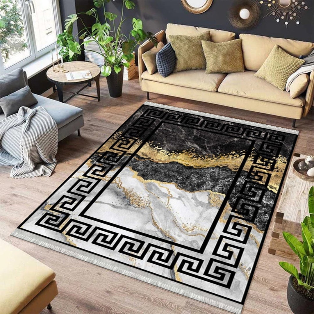Black Gold Marble Patterned Rug, Modern Abstract Painting Rug, Marble