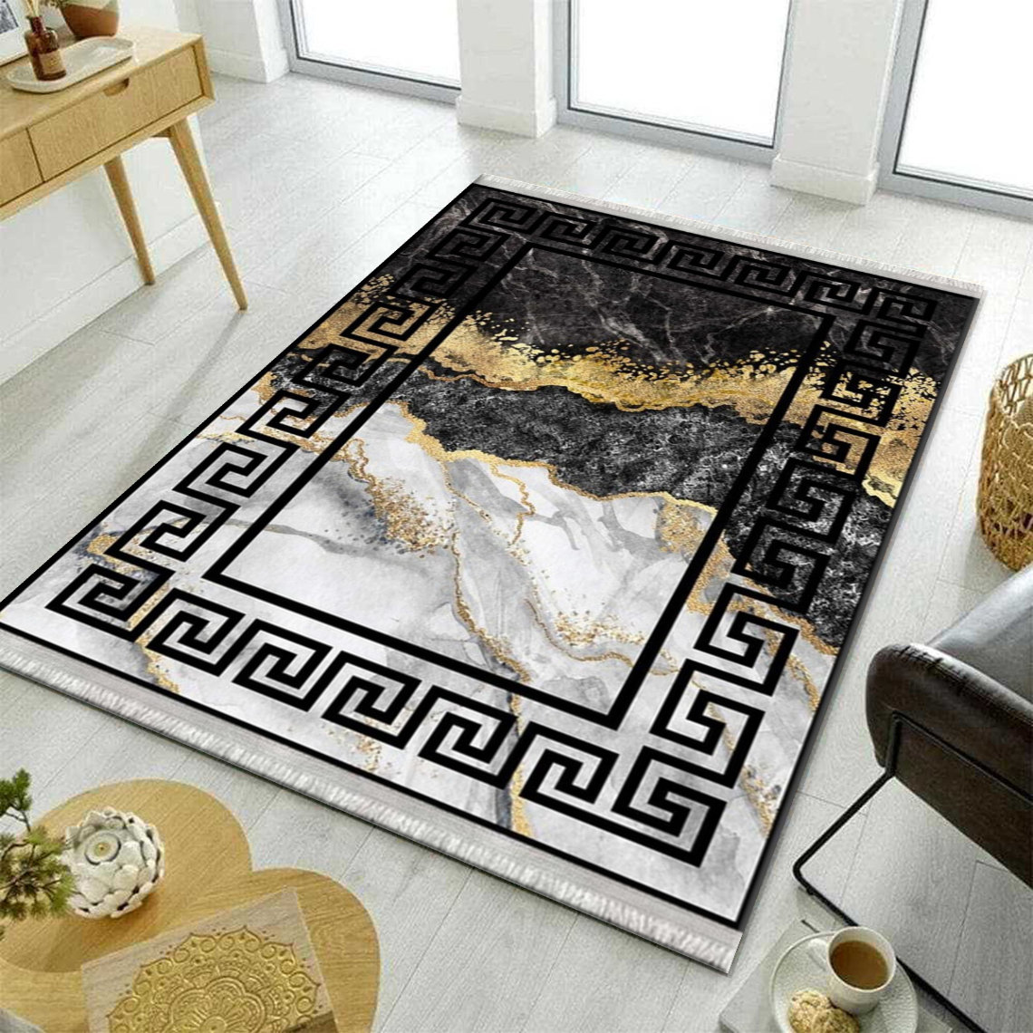Black Gold Marble Patterned Rug, Modern Abstract Painting Rug, Marble ...