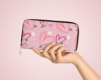 Heart Wallet, Valentines Wallet, Cute Wallet, Pink Wallet, Flower Wallet, Girly Wallet, Love Wallet, Zip up Wallet, Wallet