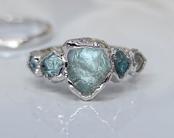 Raw Aquamarine Ring Set Multi Stone Ring Silver Raw Crystal Engagement Ring Raw Stone Engagement Ring Raw Gemstone Engagement Ring Boho
