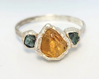 Citrine and Emerald Ring Boho Ring Multi Stone Ring Three Stone Ring Cool Ring Raw Stone Ring Silver Raw Crystal Ring Raw Gemstone Ring