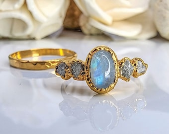 Moonstone Ring Set 14K Solid Gold Ring Raw Diamond Ring Uncut Diamond Ring Rough Nontraditional Engagement Ring Unique Engagement Ring Boho