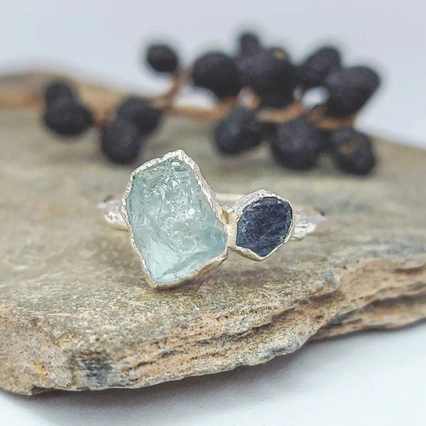 Aquamarine and Sapphire Ring Multi Stone Ring Boho Ring Raw Stone Ring Gold Raw Crystal Ring Silver Raw Gemstone Ring Cool Ring Handmade