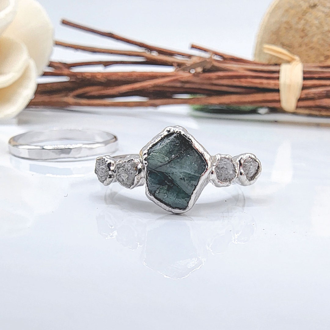 SET OF TWO Rings Rough Emerald Raw Diamond Engagement Ring - Etsy
