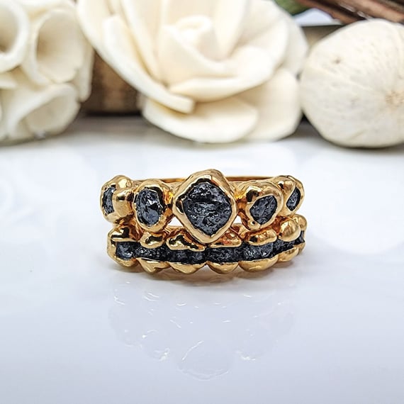 Raw Black Diamond Engagement Ring Set 14k Handmade Black Engagement Ring Raw Diamond Ring Uncut Diamond Ring Unique Engagement Ring Etsy