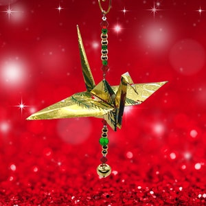Origami Crane Christmas Ornament Joy to the World Jingle Bells Gold Shiny Crystal Red Green