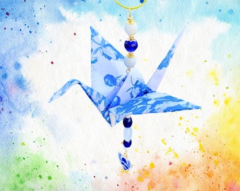 Origami Crane Suncatcher Charm Ornament Delft Blue China Inspired Light Blue Flowers Heart Gold