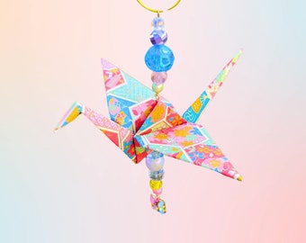 Origami Crane Suncatcher Charm Ornament Hexagon Pattern Pink Yellow Red Orange Green Purple Glass Crystal