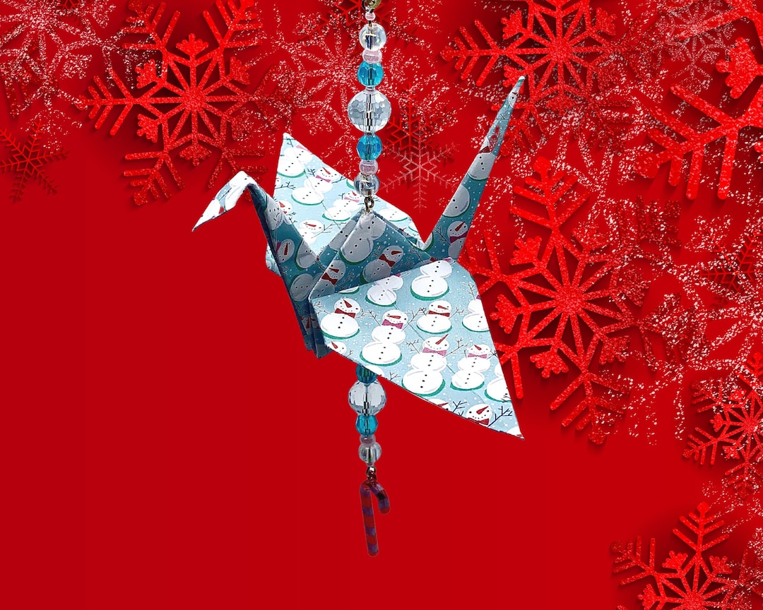 Origami Crane Christmas Ornament Snowman Bow Tie Pink Baby Blue Cyan ...