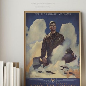Vintage WWII Poster Print: U.S. Army Air Forces Pilot | War Poster | 1945 Military Art | Fighter Pilot Artwork | Digital Download