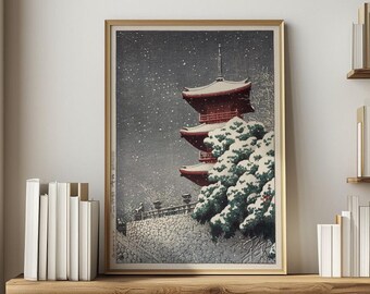 Impression d'art japonaise ukiyo-e : temple Yasugi Kiyomizu dans la neige | Gravure sur bois | Impression japonaise traditionnelle | Art mural vintage | Téléchargement numérique