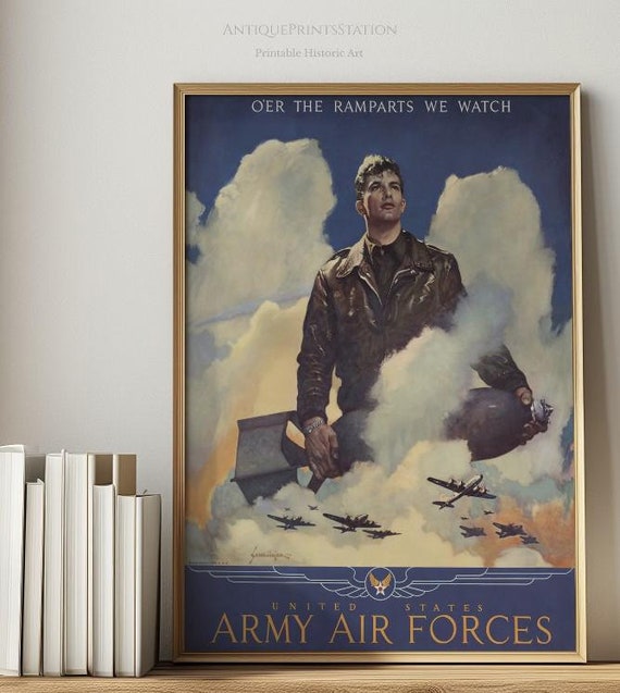 Vintage WWII Poster Print: U.S. Army Air Forces Pilot | War Poster | 1945 Military Art | Fighter Pilot Artwork | Digital Download