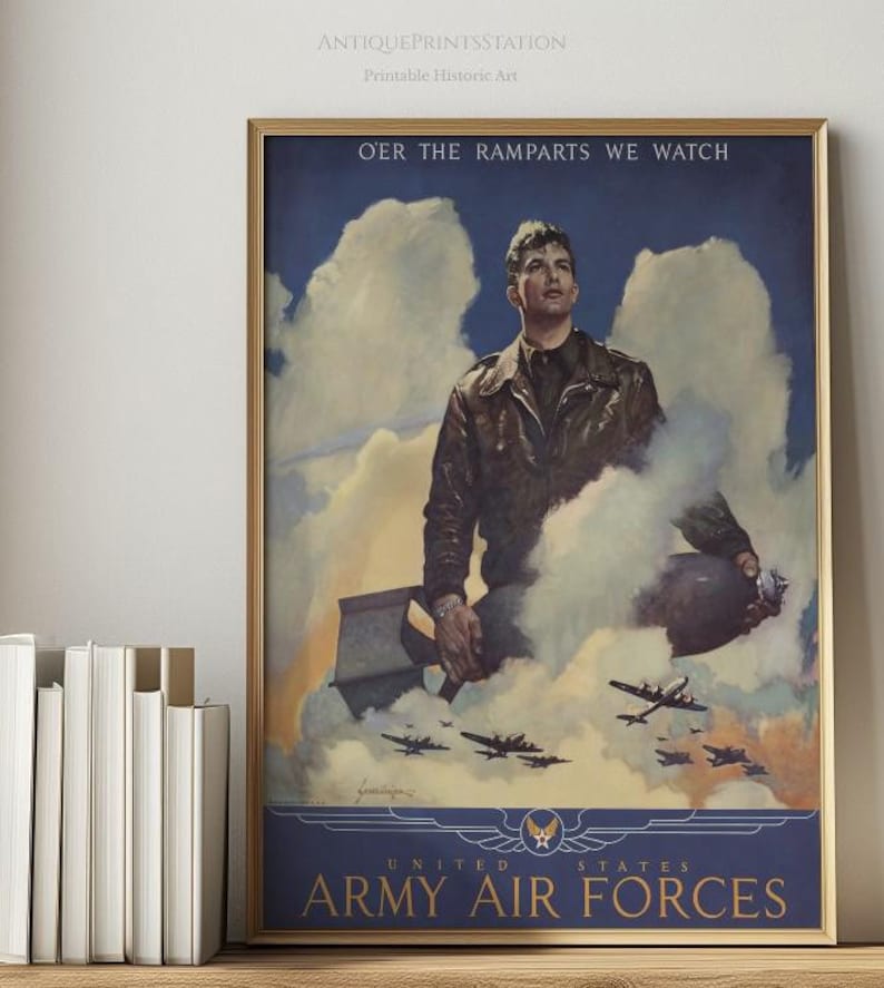 WWII pilot poster displayed in a frame, showcasing its vintage design and vibrant colors in a home or office setting.
