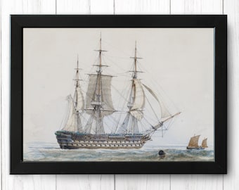 May include: A watercolor painting of a large, three-masted sailing ship with white sails. The ship is in the foreground of the image, and a smaller sailboat is in the background.