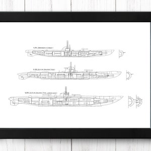 German U boats, outlines compared, Submarine, Vintage Ship Print, A4 - Single Print M014 - INSTANT DOWNLOAD