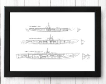 German U boats, outlines compared, Submarine, Vintage Ship Print, A4 - Single Print M014 - INSTANT DOWNLOAD