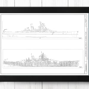 Outboard Profile, Inboard Profile - USS MISSOURI, Batttleship Row, Vintage Ship Print, A4 - Single Print M012 - Instant Download