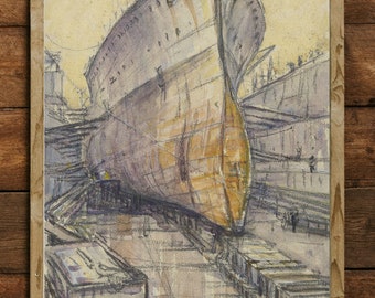 HMS Revenge in Dry Dock, Portsmouth (1918), Vintage Ship Print, A4 - Single Print M006 - INSTANT DOWNLOAD