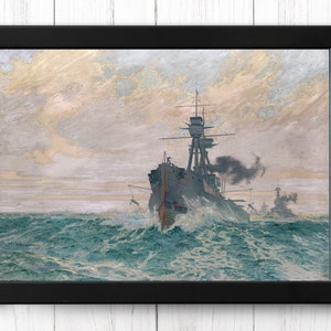 May include: A painting of three warships sailing on a choppy sea. The sky is a pale blue with wispy clouds. The ships are dark gray and have white markings. The painting is framed in black.