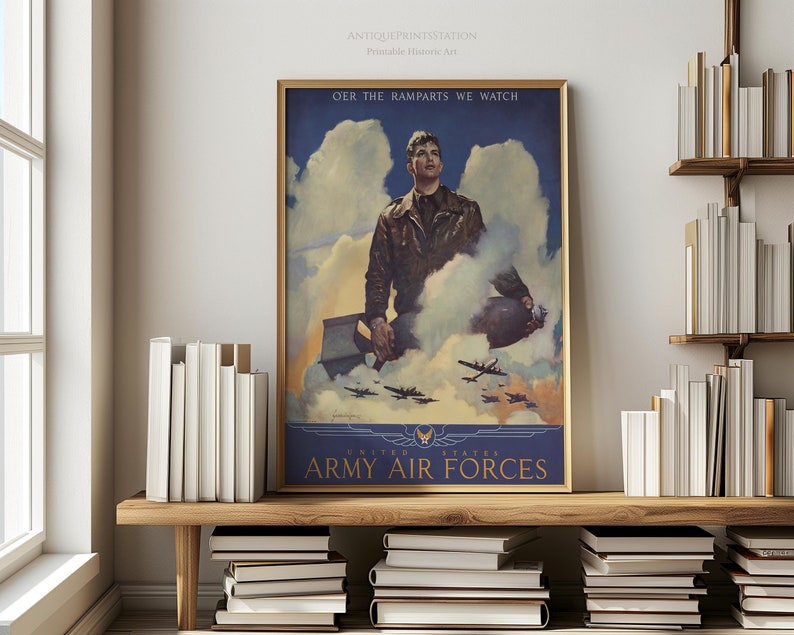 WWII pilot poster displayed in a modern living room, illustrating how the vintage artwork enhances the decor with its historical and dynamic design.