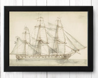May include: A vintage black and white line drawing of a sailing ship with multiple masts and sails. The ship is depicted in a calm sea with a light background.